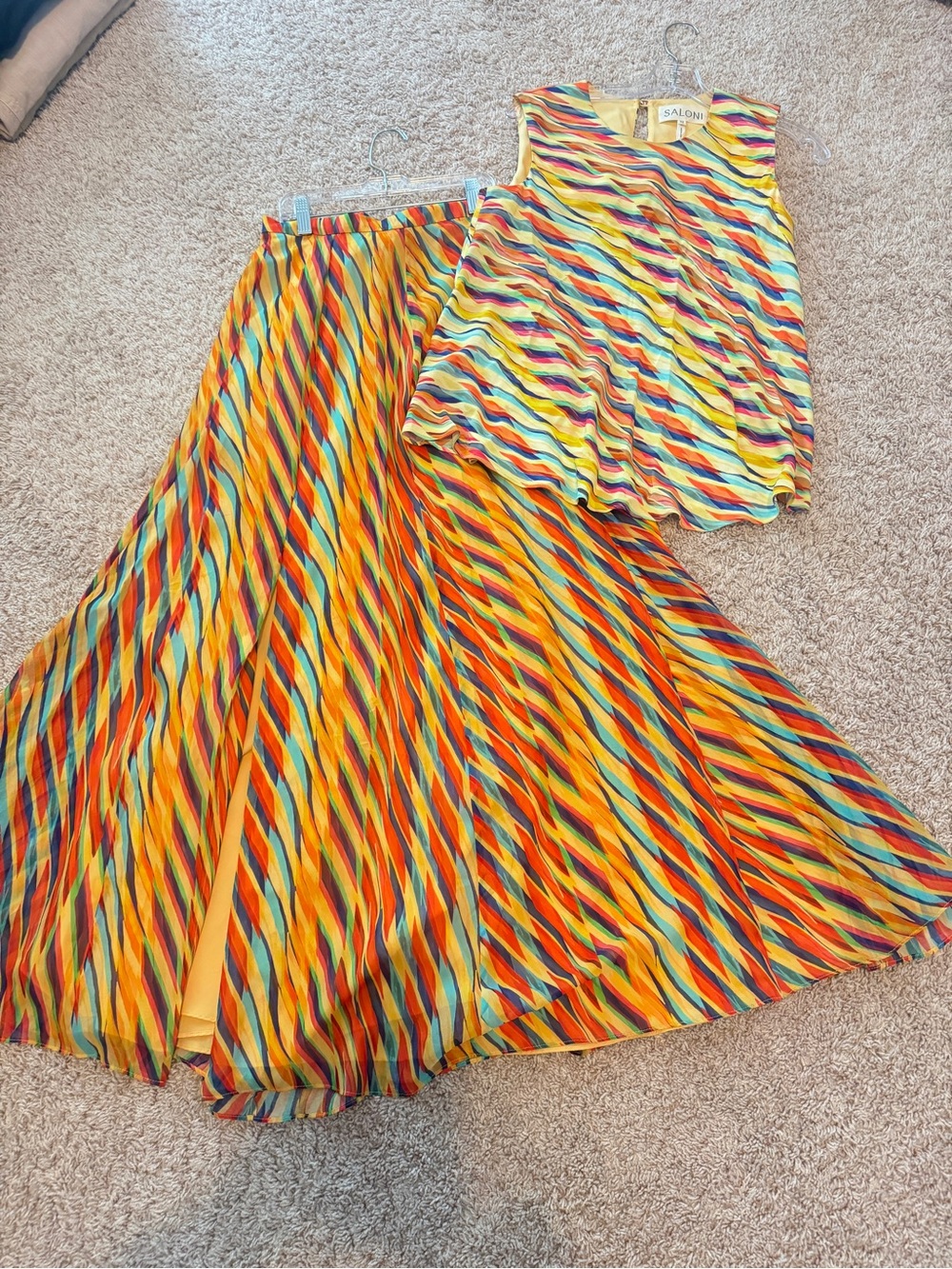 SALONI Yellow Multicolor Wave-Print Silk Rainbow Skirt Set |Top/4, Skirt/6